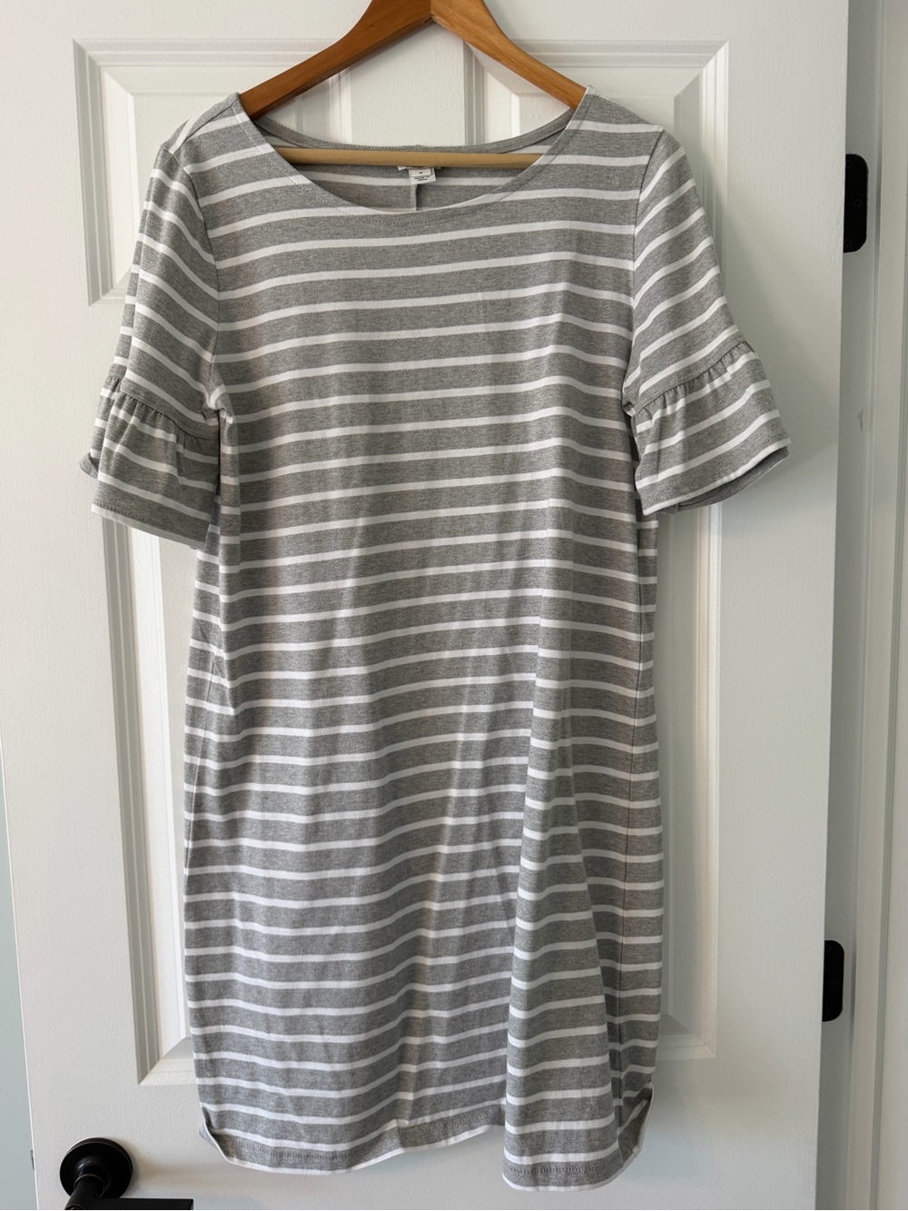 J. Crew Gray and White Striped Ruffle-Sleeve Midi Dress